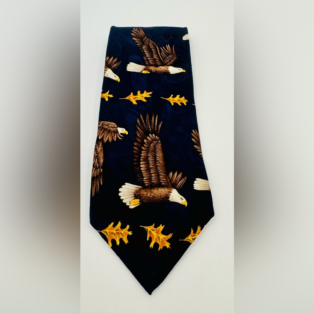 Vintage 1996 Puritan 100% Navy Blue Silk Bald Eagle Neck Tie‎ 58” Patriotic